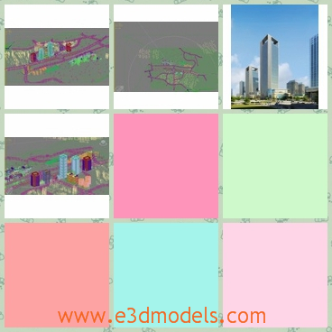 3d model of a bright city scene - This 3d model shows us a bright scene in the city where the sky is clear and blue. Under blue sky we can see tall sliver buildings.