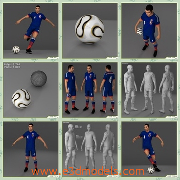 3d models of soccer players - There are some 3d models which are about three soccer players in blue clothes. They have short black hair and stong limbs.