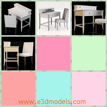 3d model of desk and chair - This 3d model is about a desk and a chair. This desk and chair are white and made of wood. Both of them have thin legs.