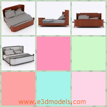 3d model the bed in wood - This is a 3d model of the bed,which is made of wood and there are three pillows on the bed.The end of the bed is surrounded by a piece of wood.