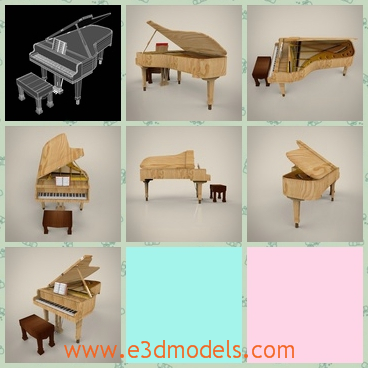 3d model a wooden piano - This is a 3d model of a wooden piano,which has a stool beside it.The piano is not so big,and it is suppoted by two thin legs.