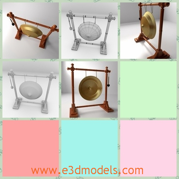 3d model of an asian gong - This 3d model is an asian gong which has a round gong which is hung on a wooden stand.The gong is made of fine brass which makes loud and clear sound.