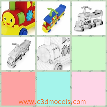 3d model of a toy train - There is a 3d model which is about a delightful toy train. This toy train is made of colorful plastic and it has a red body with a blue roof.